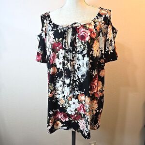 Star Vixen Womens Blouse Short Sleeve Cold Shoulder Plus Size 2X Colorful Floral